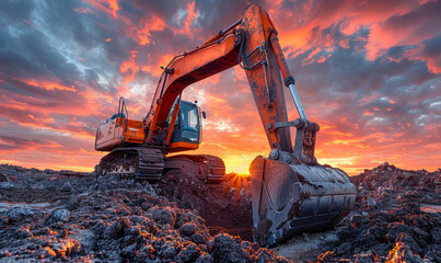 Excavating machinery at the construction site, sunset in background. - obrazy, fototapety, plakaty