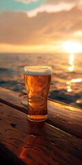 Mobile vertical wallpaper photograph of a beer pint glass on a yacht deck at sea. Sunshine.. Story post. - obrazy, fototapety, plakaty