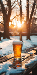 Mobile vertical wallpaper photograph of a beer pint glass on a snowy park in winter. Sunshine. Story post. - obrazy, fototapety, plakaty