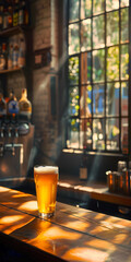 Mobile vertical wallpaper photograph of a beer pint glass on a table in a bar. . Story post. - obrazy, fototapety, plakaty