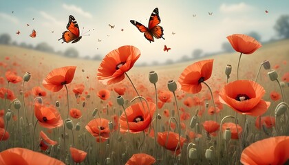 Butterflies Fluttering Around A Field Of Poppies Upscaled 4