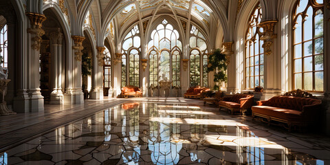 A bright room, with marble floors and high ceilings, like a palace in a world of fantasi