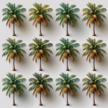Set of Coconut palm tree isolated on white and transparent background