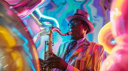Stylish musician with saxophone surrounded by psychedelic colors. Creative music concept with colorful backdrop for music festival poster and entertainment design. - obrazy, fototapety, plakaty