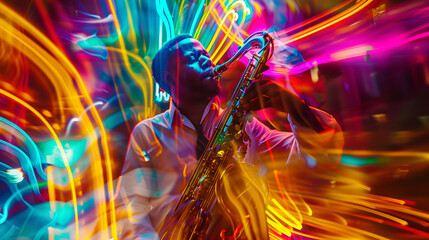 Saxophonist playing in vibrant neon light. Dynamic music and entertainment concept with motion blur for event poster and music album design. - obrazy, fototapety, plakaty