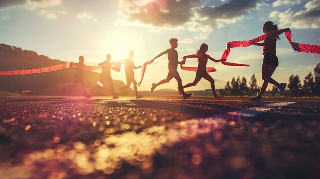 a team crossing the finish line together, representing the shared success achieved through teamwork