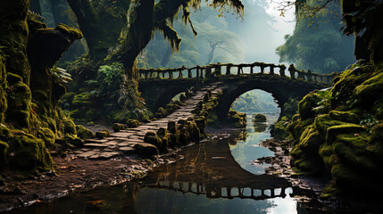 A fairy tale bridge, which hovers above the foggy peaks, like a bridge to forgotten le - obrazy, fototapety, plakaty