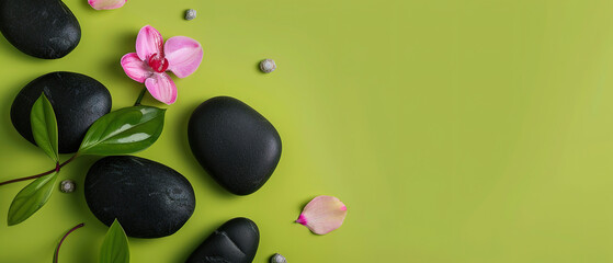 Obraz na płótnie Canvas Flat lay composition with black spa stones and flowers isolated on green background with space for text 