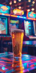 Mobile vertical wallpaper photograph of a beer pint glass in a 90s arcade center.. Story post. - obrazy, fototapety, plakaty
