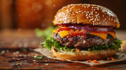 The perfect fast-food moment with a juicy burger ready for the first bite. Gourmet burgers crafted...