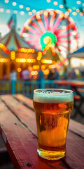 Mobile vertical wallpaper photograph of a beer pint glass at a colorful amusement park.. Story post. - obrazy, fototapety, plakaty