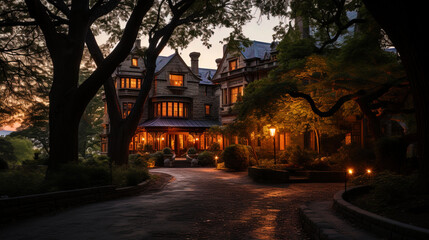 A magnificent mansion in which shades of twilight and green crowns of trees mixed, like a - obrazy, fototapety, plakaty
