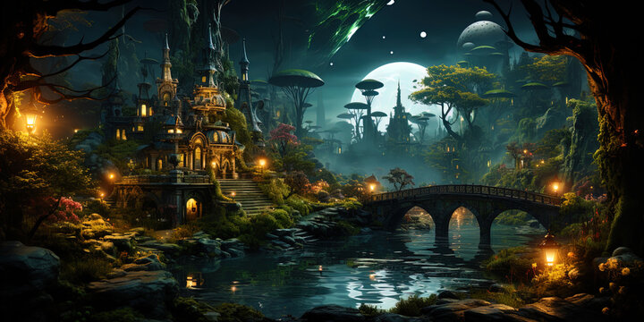 A magic bridge, immersed in the magic of the forest, like a portal into a world of fant
