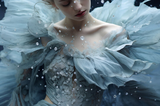 A serene portrait showcasing a woman adorned in a blue, ruffled garment with glistening water droplets, evoking tranquility.