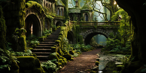 A mysterious mansion hidden among the thickets of forest, like a secret shelter of mysterious i - obrazy, fototapety, plakaty