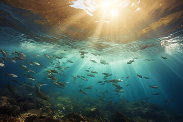 Fototapeta na wymiar A school of fishes swimming, lovely sunlights from surface of sea, view from underwater, low angle, realistic...