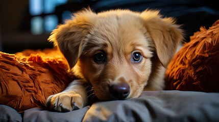 A puppy of golden labrador, immersed in a game with a plush teddy bear, like a small researcher i