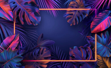 Colorful tropical leaves with neon frame  - 763222441