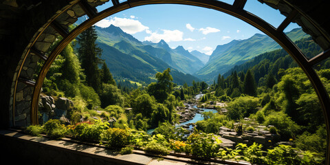 A stunning bridge crowning the green peaks of the mountains, like a stained glass window in t - obrazy, fototapety, plakaty