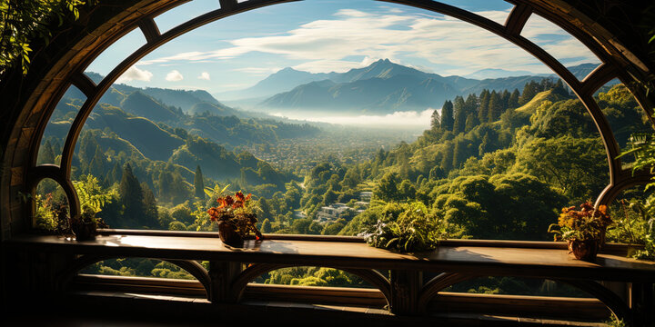 A stunning bridge crowning the green peaks of the mountains, like a stained glass window in the s