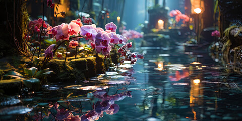 Emerald jungle with transparent streams and bright orchids, like a world of pure beauty and harm