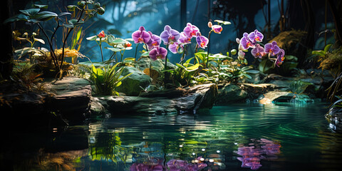 Emerald jungle with transparent streams and bright orchids, like a world of pure beauty and harmo