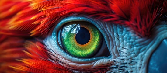 A detailed closeup of a vibrant parrots eye, showcasing its colorful iris, intricate eyelashes, and feathery eyebrows, resembling a work of art
