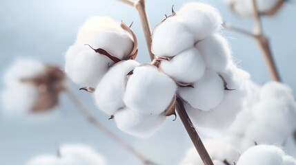 harvesting time for natural cotton with fluffy bolls against blue backdrop - obrazy, fototapety, plakaty