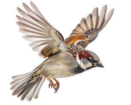 Bird or sparrow in flying isolated on white