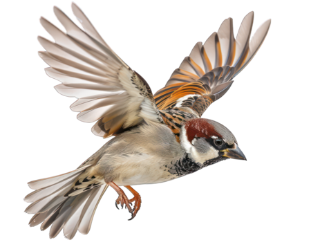 Bird or sparrow in flying isolated on white