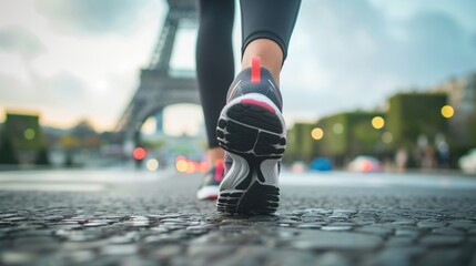 Olympic jogger strides on parisian 2024 games cobblestones with eiffel tower in the early light - obrazy, fototapety, plakaty
