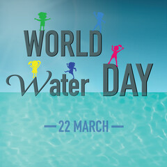 World Water day 22 March. kids on text. Group of boys and girls with Water background