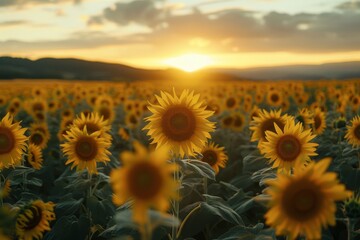 Sunflower field at sunset. Beautiful summer landscape with sunflowers.