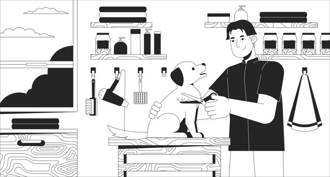 Dog grooming service black and white line illustration. Animal spa. Professional pet care small business 2D characters monochrome background. Private entrepreneurship work outline scene vector image