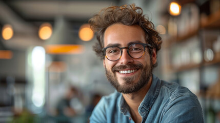 Obraz premium Portrait of a happy curly man in the office. The concept of co-working and casual wear