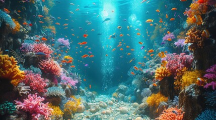Abstract underwater world with futuristic glowing sea creatures, colorful exotic fish and various corals. Diving concept
