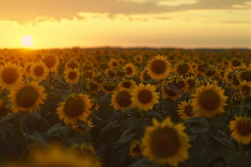 Rolgordijnen Sunflower field at sunset. Beautiful summer landscape with sunflowers. © MinMin