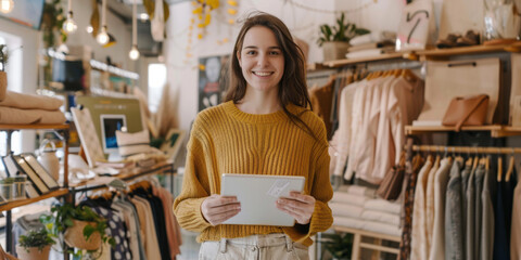 Fototapeta na wymiar Smiling young beautiful European entrepreneur standing in her trendy store, holding tablet, clothing and accessories shop