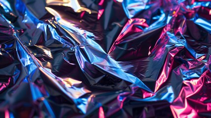 Close-up of crumpled metallic foil with colorful lighting - obrazy, fototapety, plakaty
