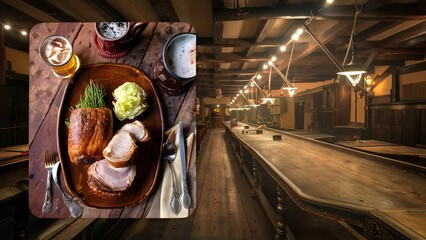  pork knuckle on cabbage in a black skillet on a wooden table,showcase, counter, restaurant, shop - obrazy, fototapety, plakaty