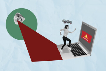 Trend artwork sketch 3D photo collage of young lady hacker run type on keyboard danger server attack spy eye watch try find password