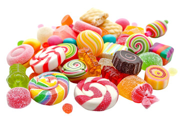 Group of assorted colorful candies and sweets isolated on white or transparent background 