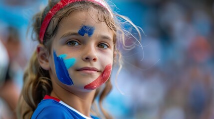 Paris olympic concept games 2024 young girl with patriotic face paint looking forward at sports event