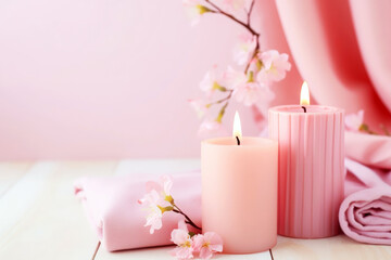 Obraz na płótnie Canvas Lighted scented candles and flowers on a pastel pink background. Horizontal banner on the spa and aromatherapy theme. Template with free space for text.