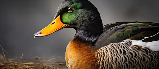 Foto op Aluminium A closeup of a mallard duck, a water bird with a yellow beak, known for their vibrant feathers. Mallards are part of the waterfowl family, which includes ducks, geese, and swans © 2rogan