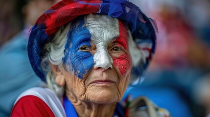 Olympic paris passionate elderly sports fan with patriotic face paint and hat 2024 games