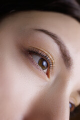 Close-up of eyelashes made permanent makeup. PMU eyelashes, permanent eye makeup