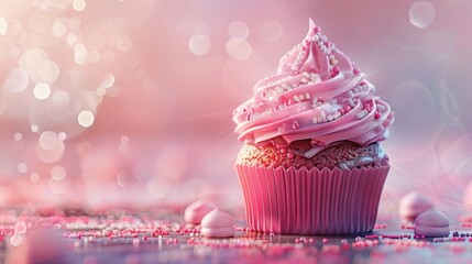 Pink frosted cupcake with sparkling background