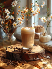 Cappuccino and Flowers on a Wooden Windowsill