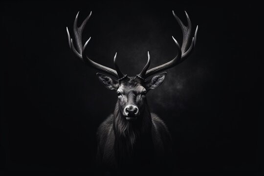 a black and white photo of a deer with antlers
